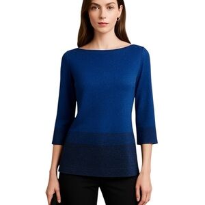 St. John Blue Metallic Boat Neck 3/4 Sleeve Sweater Size S NWOT